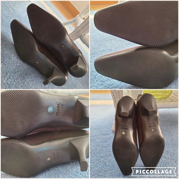 Prada Vintage BROWN Booties Nylon Sateen Spellout Logo Block Ankle Kitten Heel - Picture 10 of 15